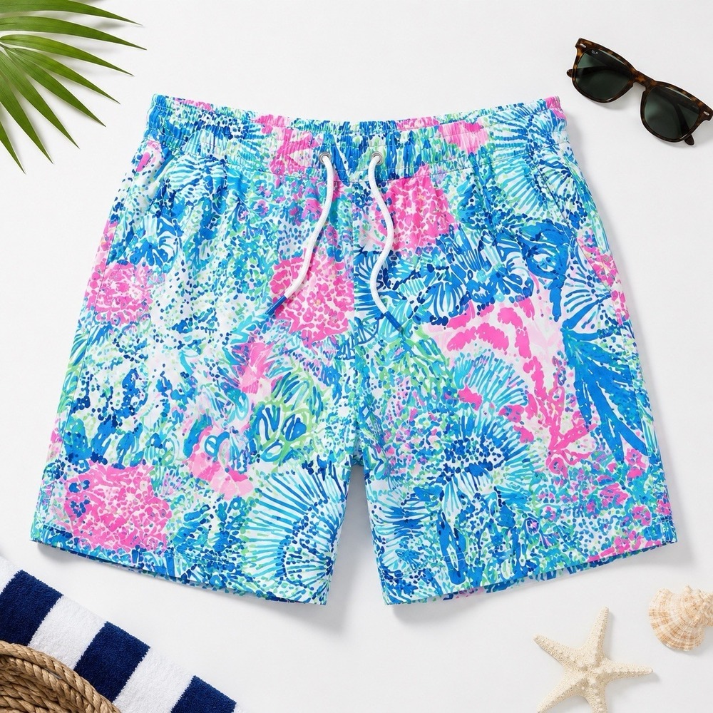Lilly Pulitzer Capri Trunk Swim Shorts Men's Large Blue Pink Coral Reef Print